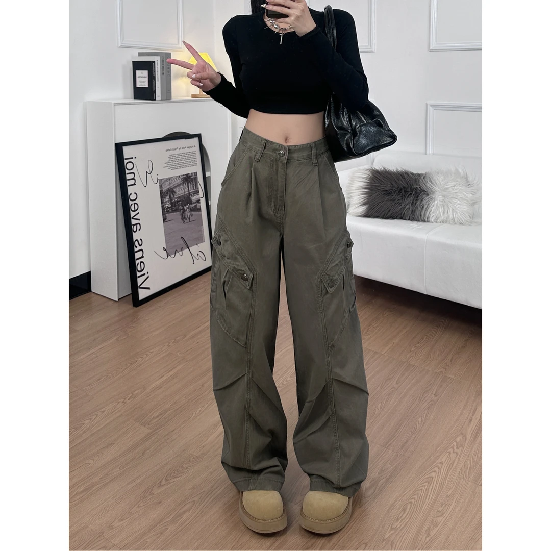 美式大口袋牛仔工装裤女夏季新款高腰宽松阔腿显瘦百搭直筒长裤子