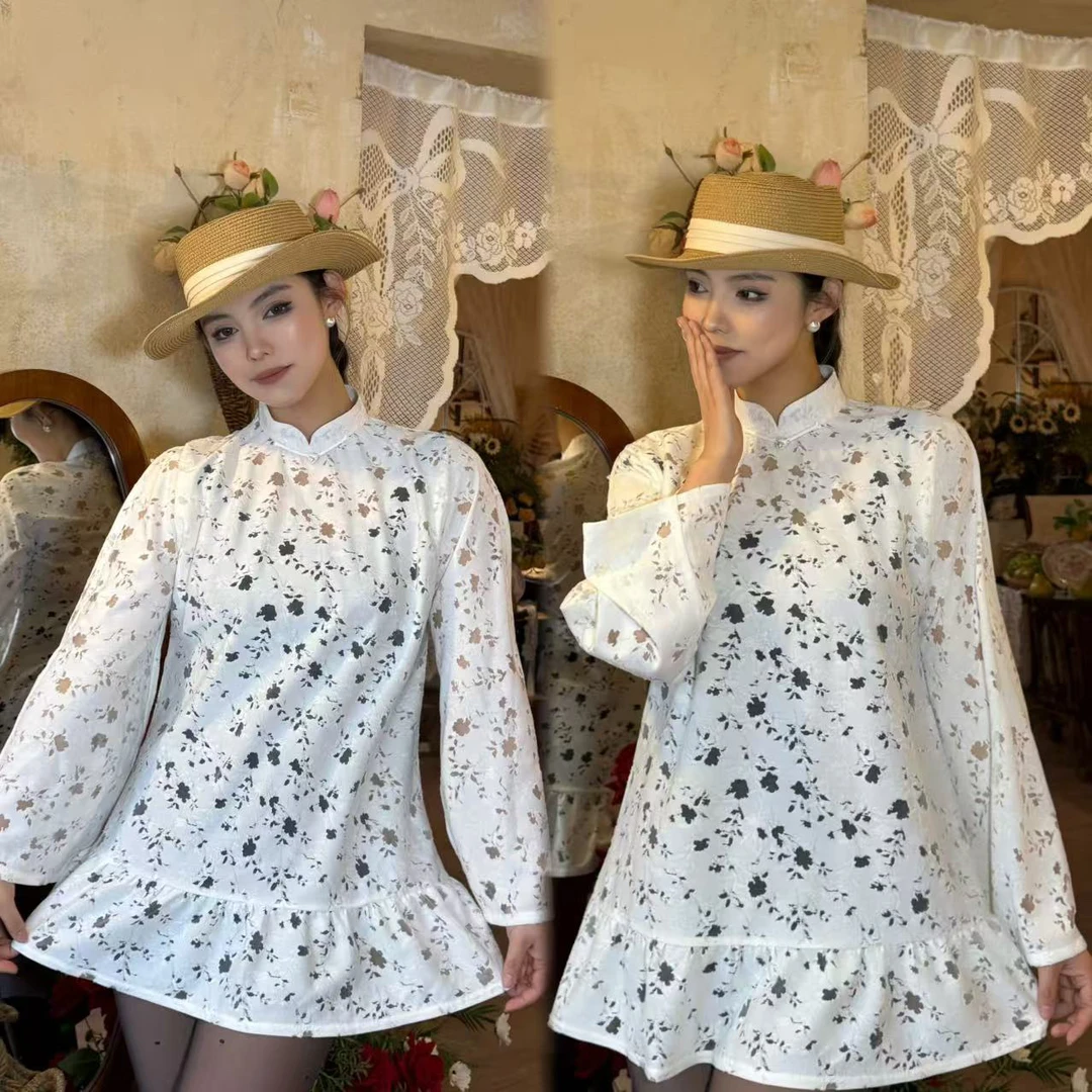 【大树蒙古袍】镂空花朵减龄花边白色连衣裙