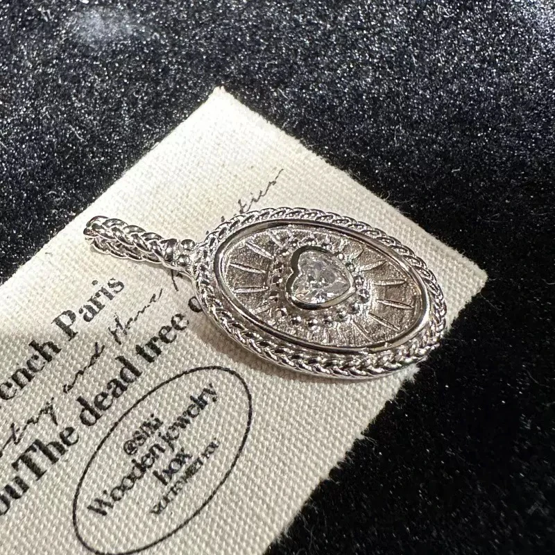 吊坠925银合成锆石 法式中古椭圆爱心吊坠复古简约ins风9006