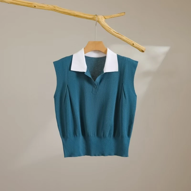 【霁雪浮光】简约百搭无袖针织衫套头撞色翻领包袖针织衫8199