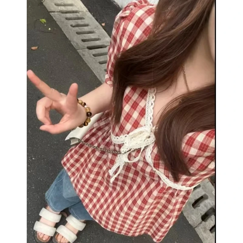 大码微胖女装2025夏季丝拼接法式复古格子衬衫胖MM遮肚子显瘦上衣