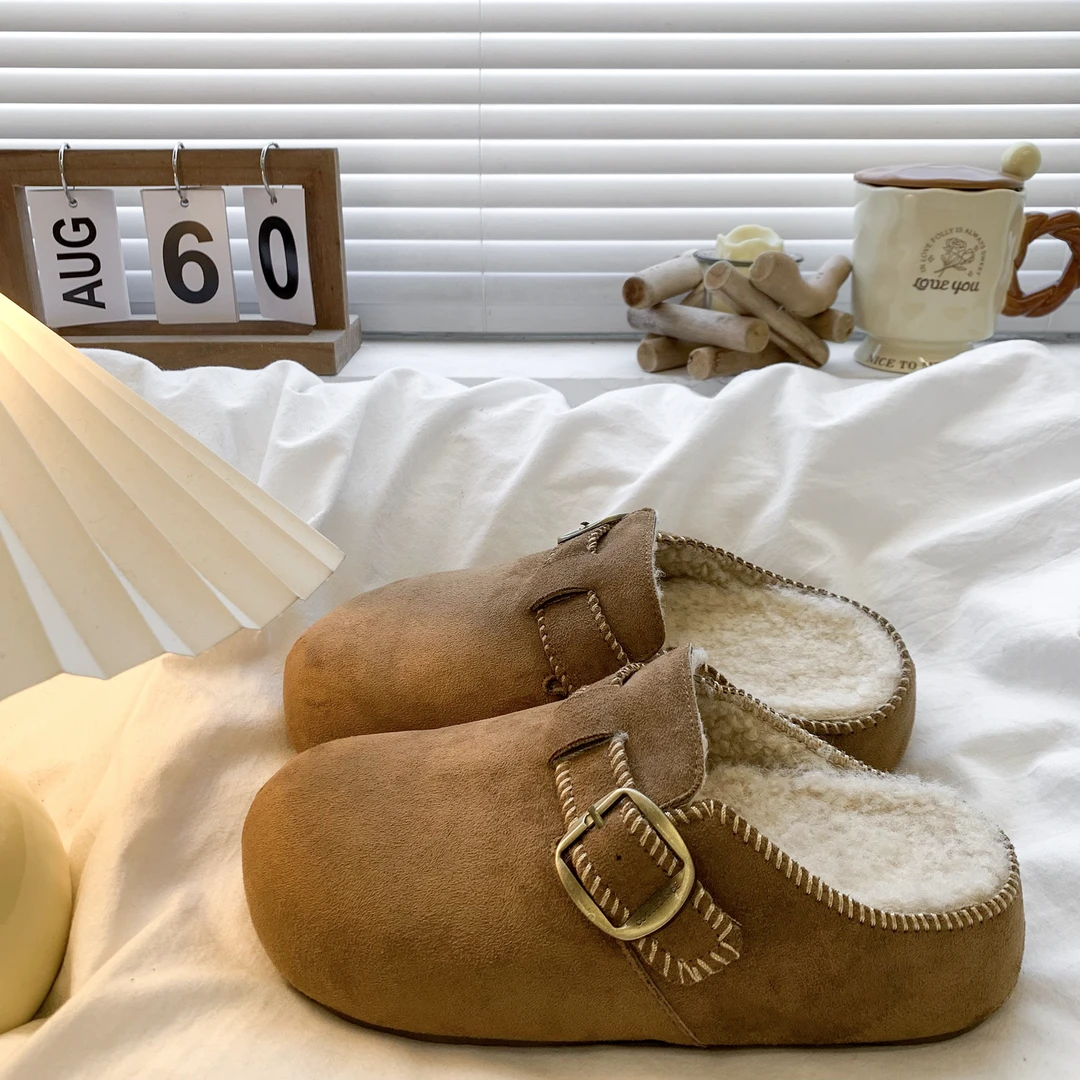 内增高厚底勃肯鞋复古加绒包头半拖鞋女外穿2025新款秋冬毛毛棉拖
