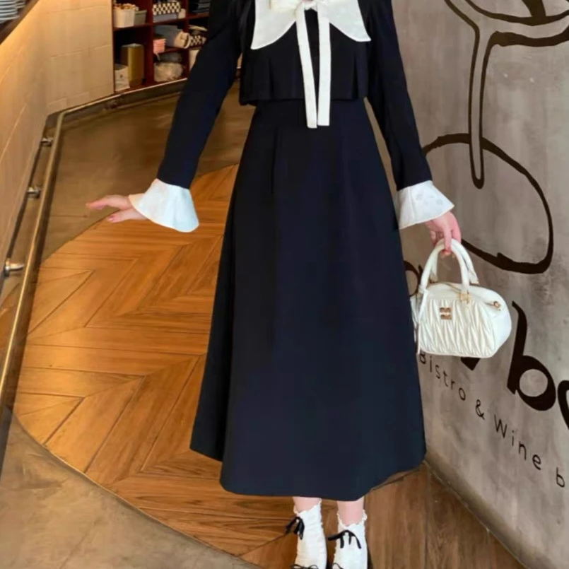 秋季大码9505法式小香风御姐穿搭遮肚显瘦假两件黑色连衣裙裙子MM