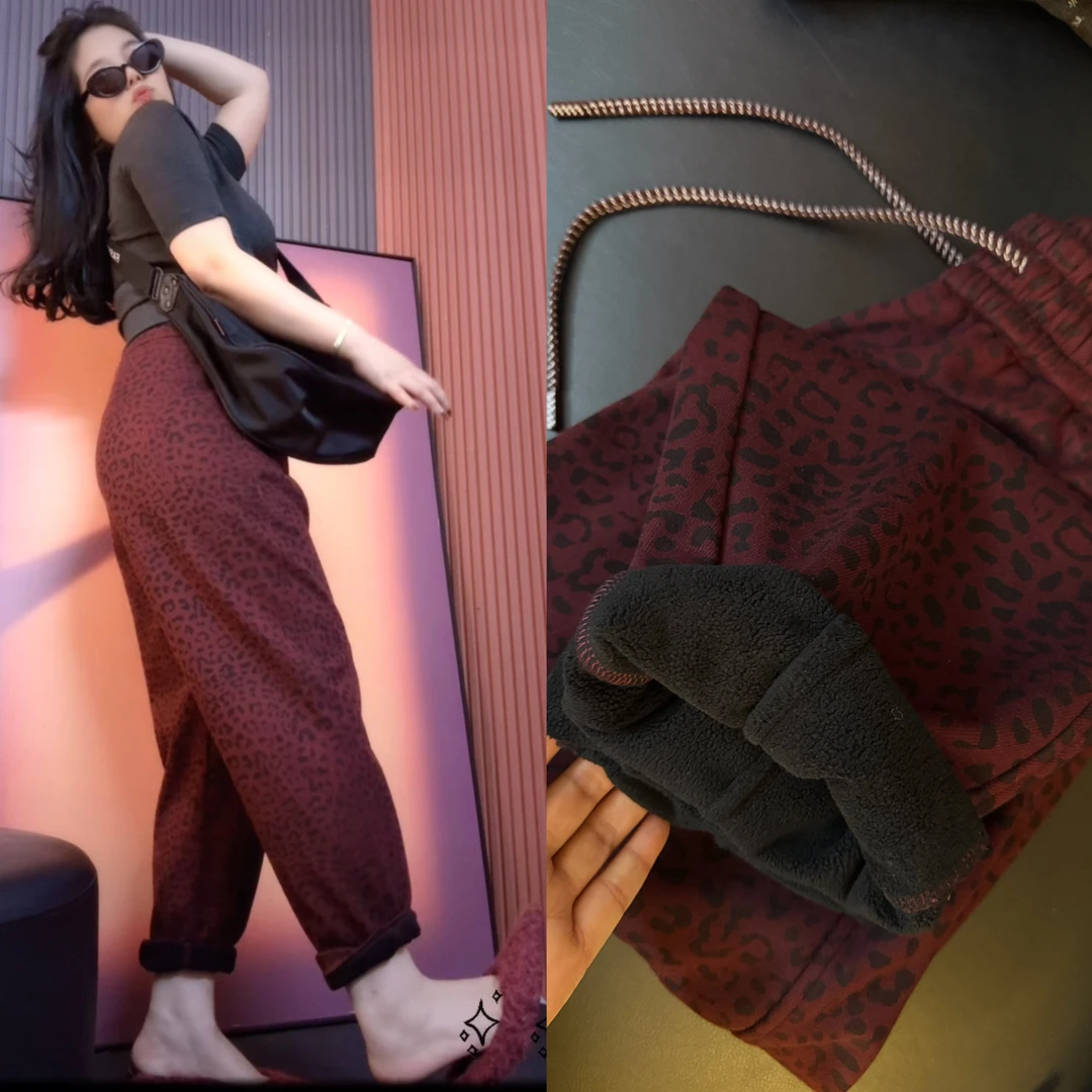 【欧品牌】豹纹冬款哈伦裤加绒加厚爆款含欧洲山羊 绒棉 休闲裤保暖