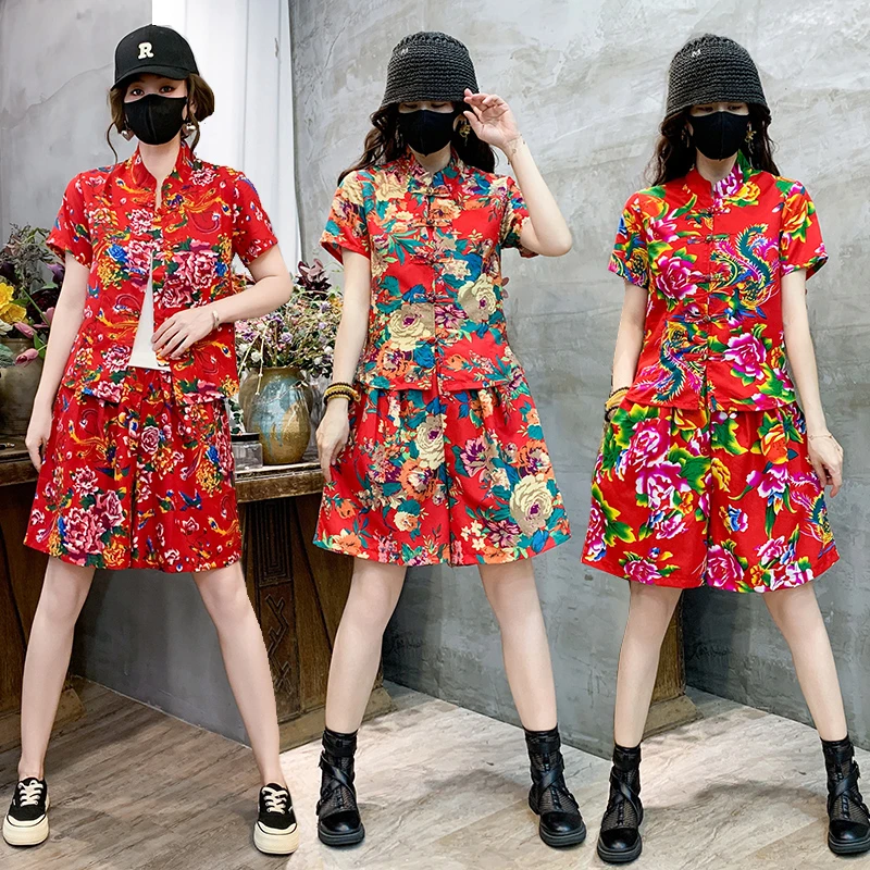 东北大花短袖套装民族风广场舞二奶奶扇子舞扭秧歌打鼓演出聚会服