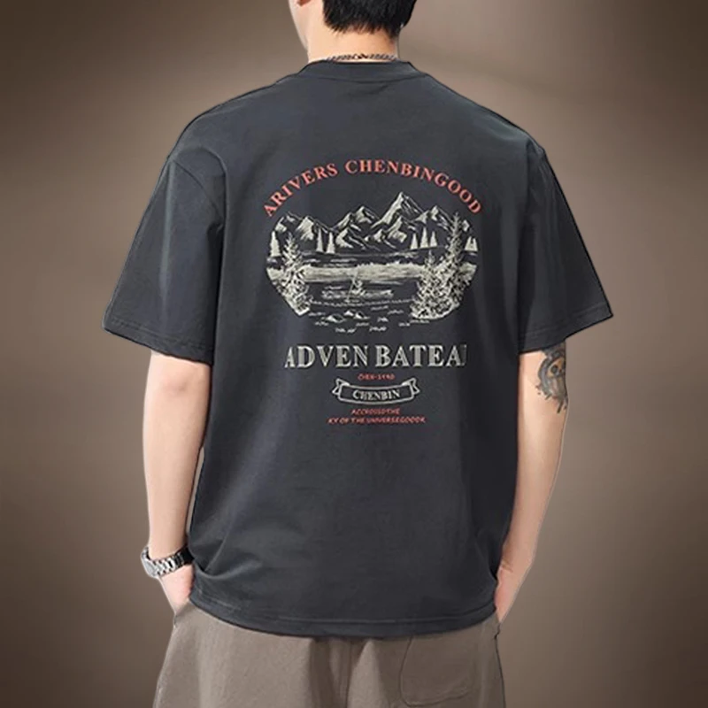 美式复古山系印花短袖t恤男夏季新款宽松男士休闲圆领半袖体恤衫T