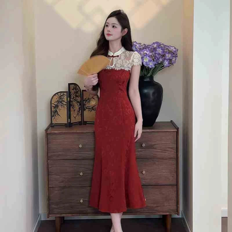 【9900】新中式高级感百搭夏季蕾丝拼接连衣裙女国风改良旗袍裙子
