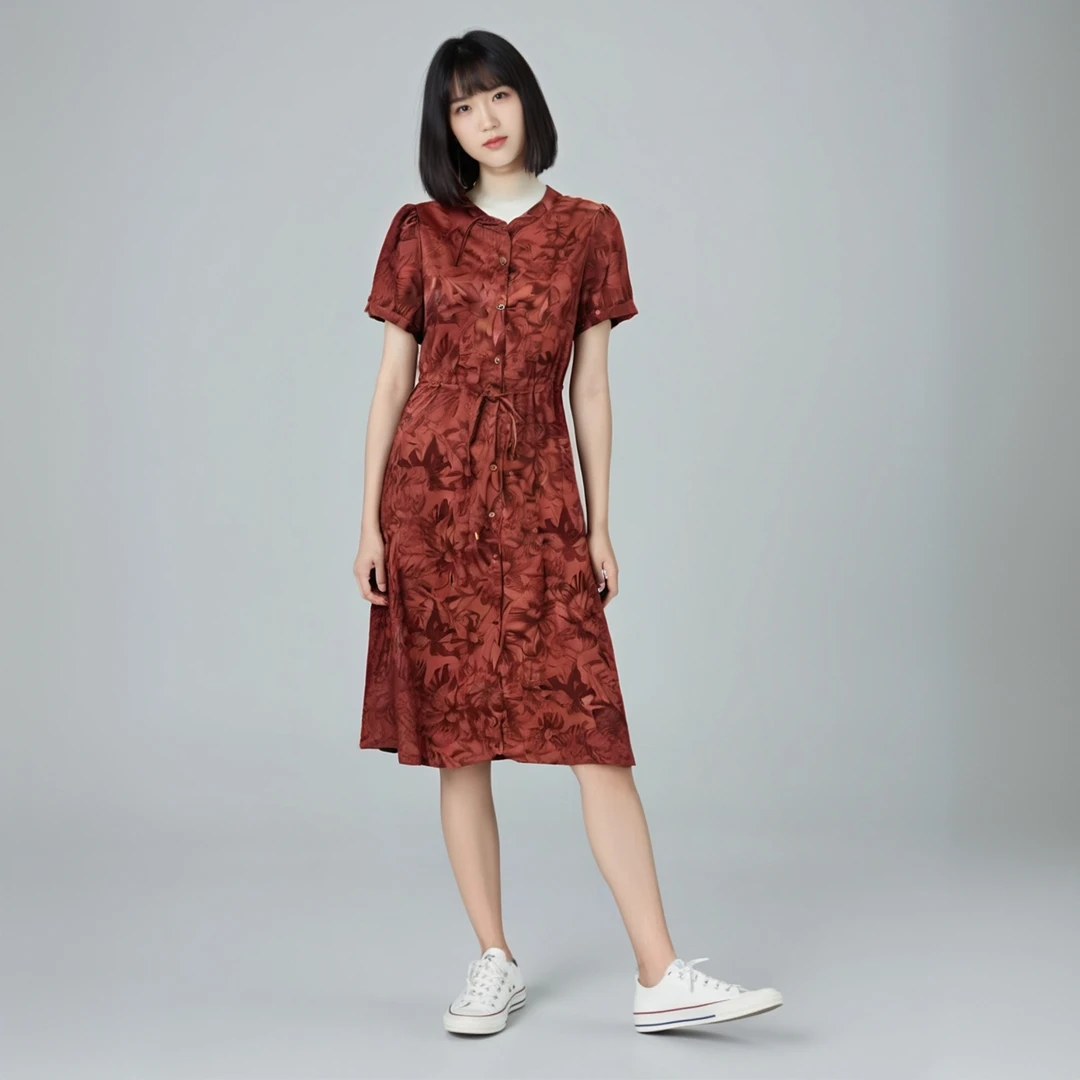 T1414时尚收腰连衣裙立领中式印花复古中腰拼接旗袍 B-2