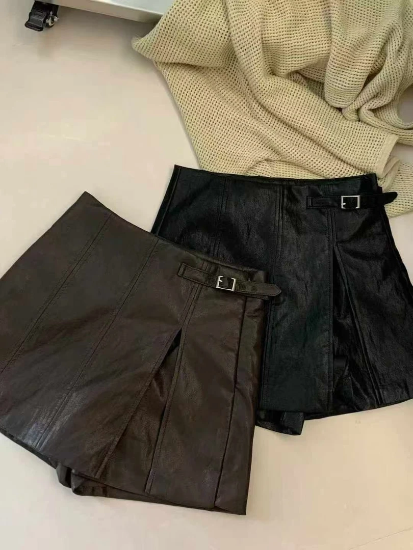 DuoDuo2025设计感假两件pu皮休闲女秋季新款高腰显瘦a字包臀短裙