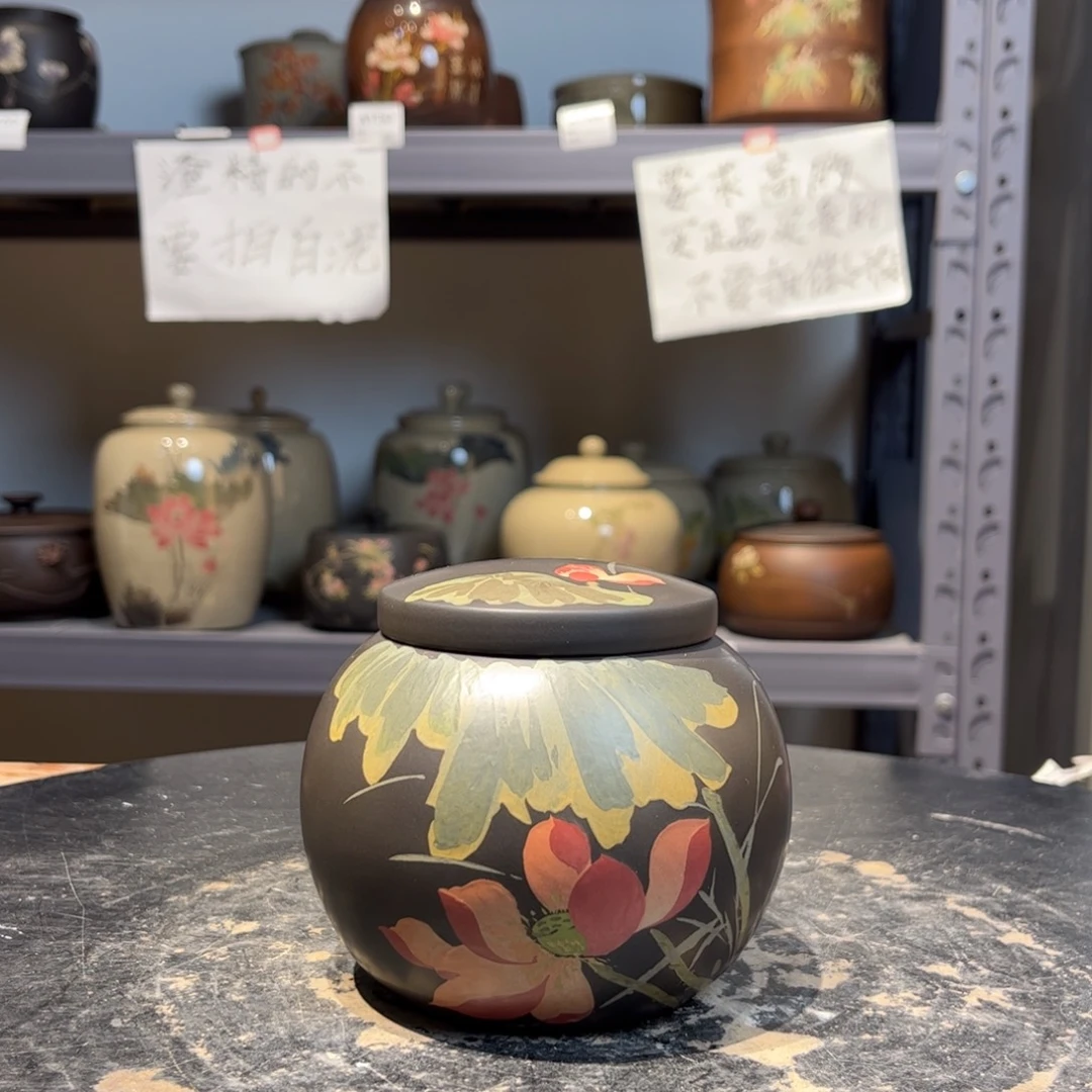 正品精工红泥多道彩填斗茶罐
