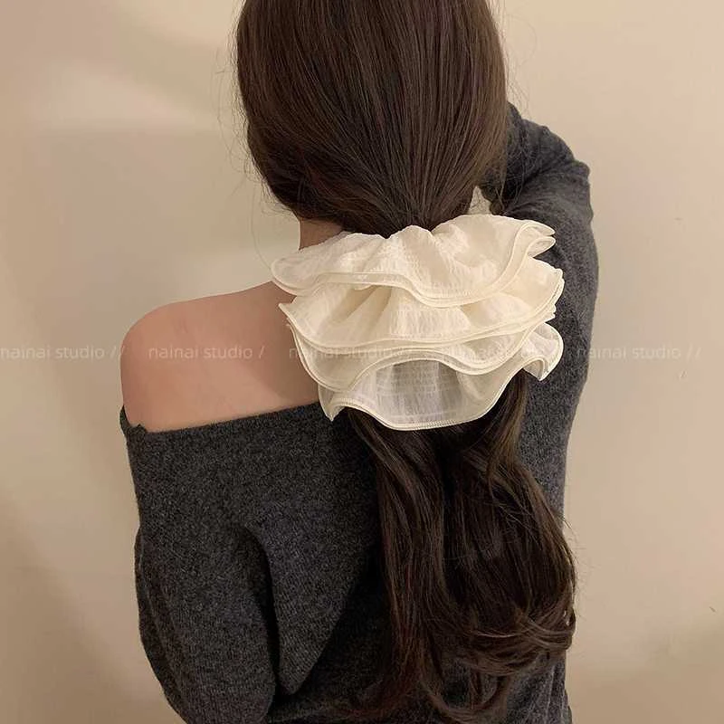 4层超大号!黑色+白色花边褶皱高级感大肠发圈慵懒法式韩系发绳女