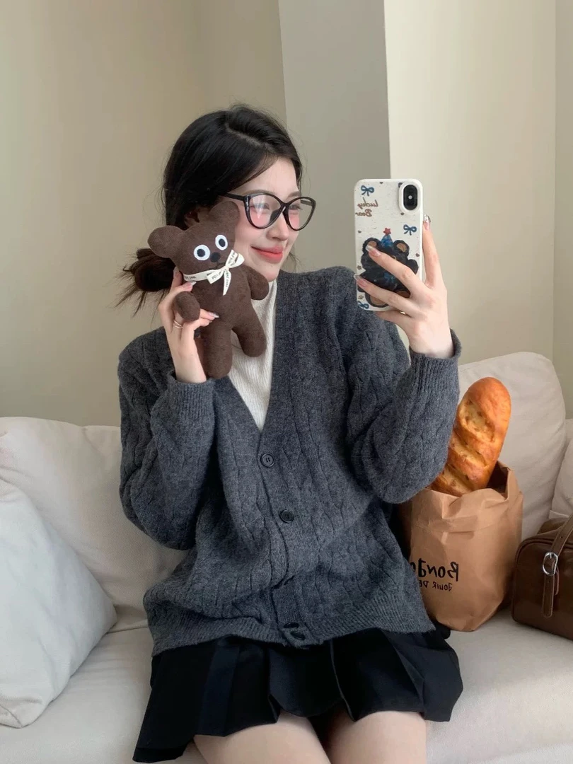 秋冬美式领麻花软糯慵懒毛衣外套女春秋高级感针织开衫上衣