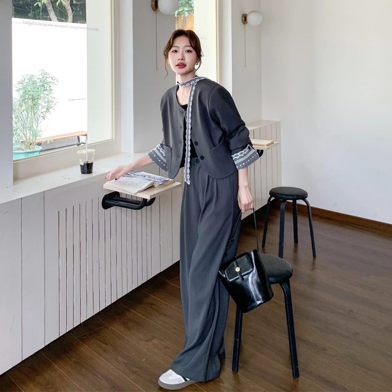 蕾丝飘带西装套装裤女2025早春新款轻奢高级感气质韩系穿搭两件套