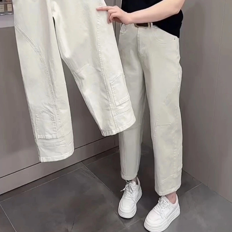 Aimeerosa/艾洛莎牛仔裤女高腰弹力阔腿裤早春大码显瘦九分萝卜裤