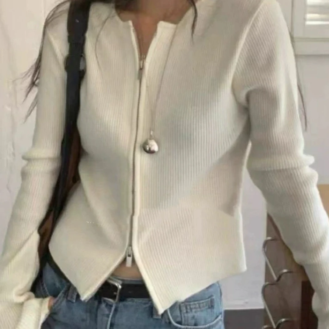 hemp女韩国正品代2025秋冬季时尚洋气圆领螺纹双拉链针织开衫