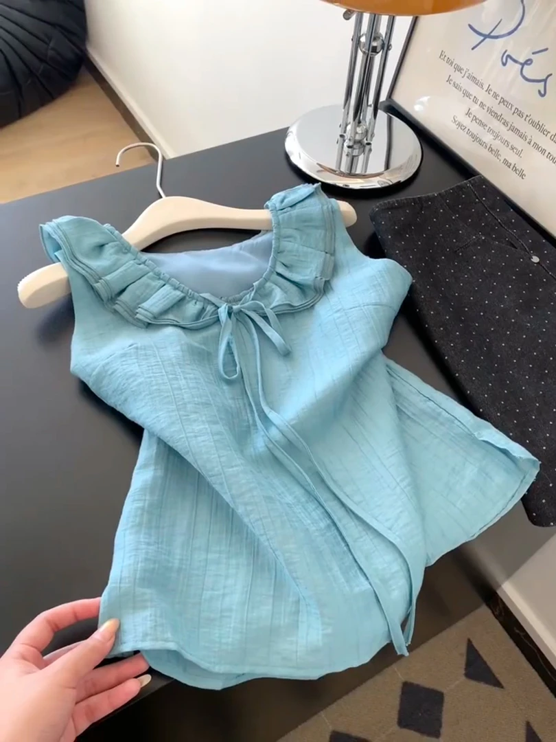 2025夏季新款轻熟风u领花边系带无袖背心女气质肌理感绝美小衫ins