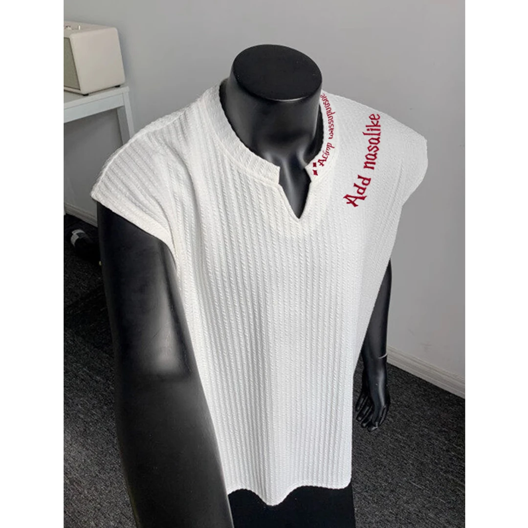 刺绣字母坎肩背心男款夏季美式无袖v领t恤肌理感健身运动针织汗衫