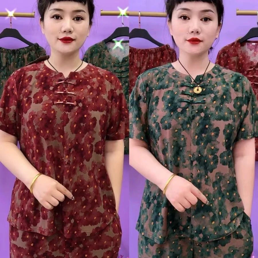 中老年夏季冰丝三颗石榴扣印花短袖宽松舒适套装