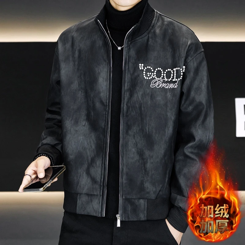 奇珀菲仑加绒皮衣男士冬季潮牌痞帅立领烫钻PU皮加厚保暖夹克外套
