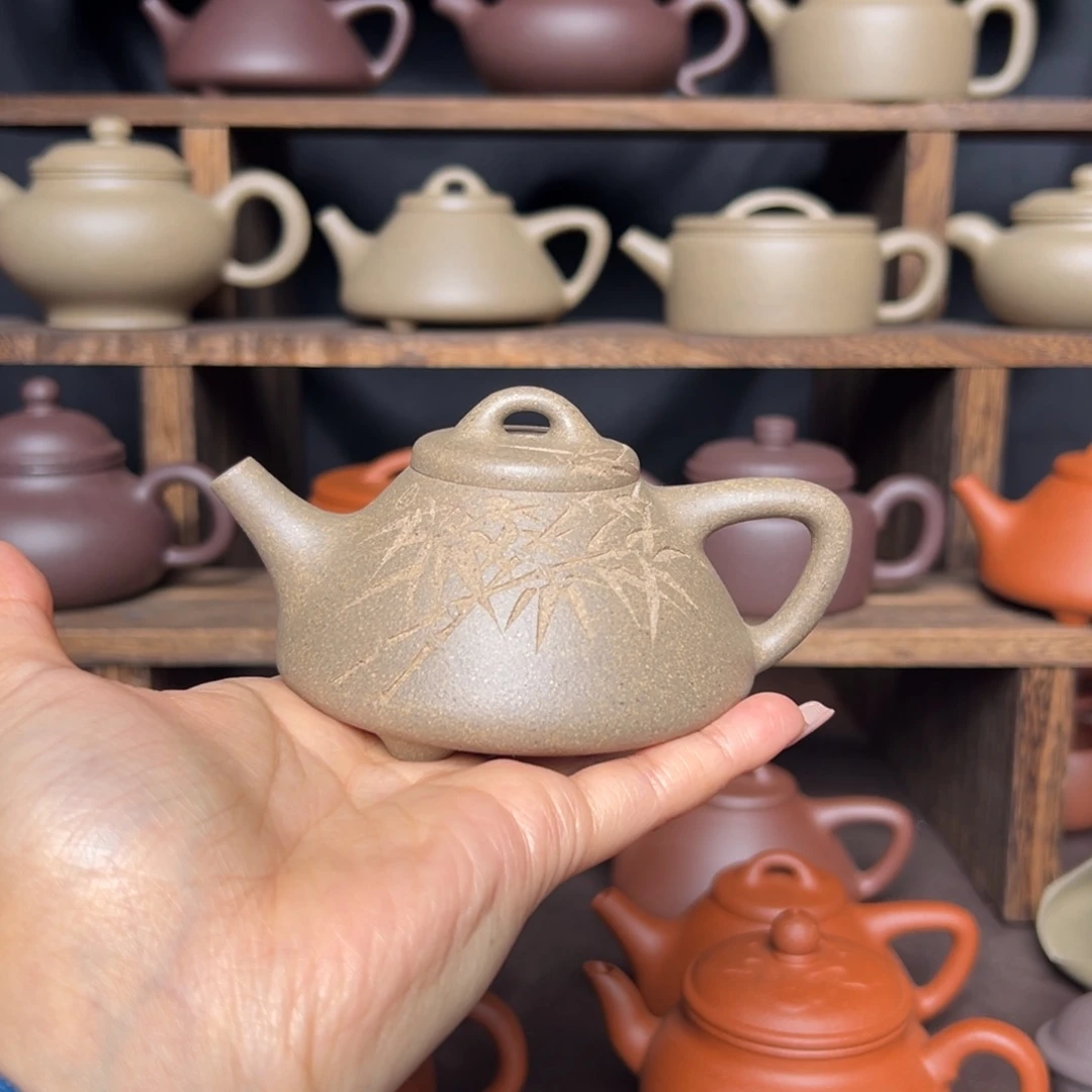 紫砂茶壶尾单处理青段刻竹叶子冶石瓢150毫升