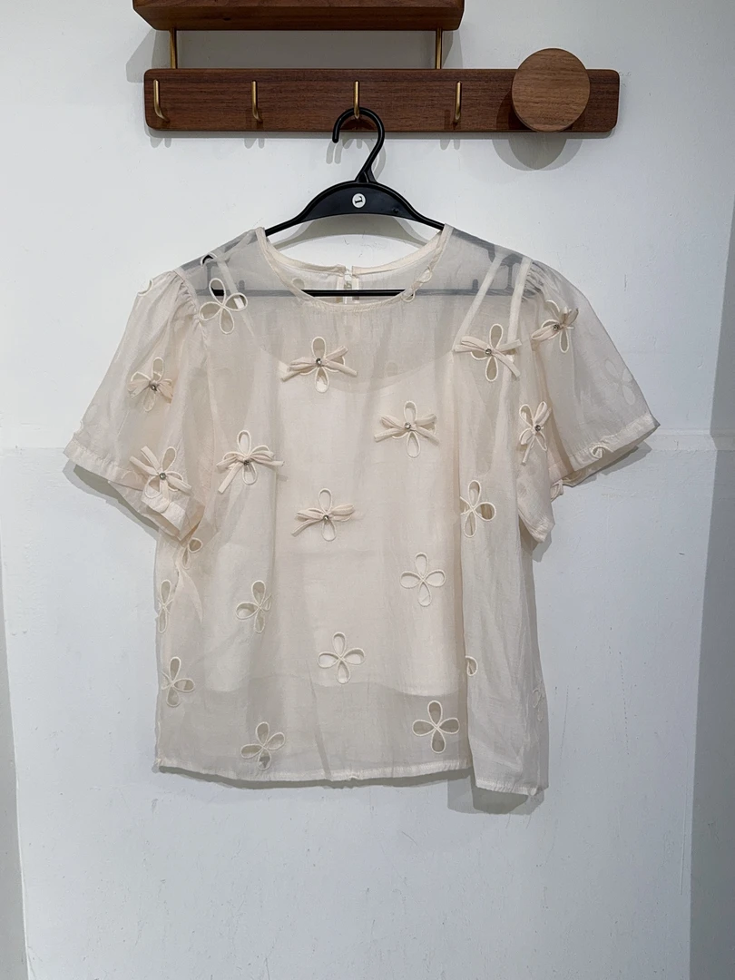 法式镂空蝴蝶结圆领短袖吊带衬衫上衣减龄潮流百搭