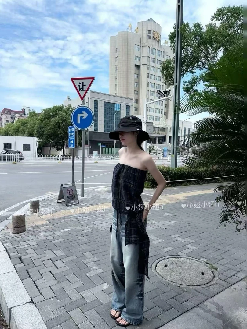 小翅服饰  格子纹理抽绳绑带透感抹胸