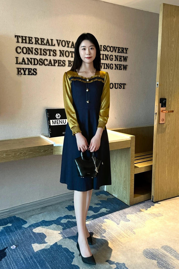 百花果【防褪色】秋季新款丹宁蓝拼接假两件气质大码女装连衣裙高档