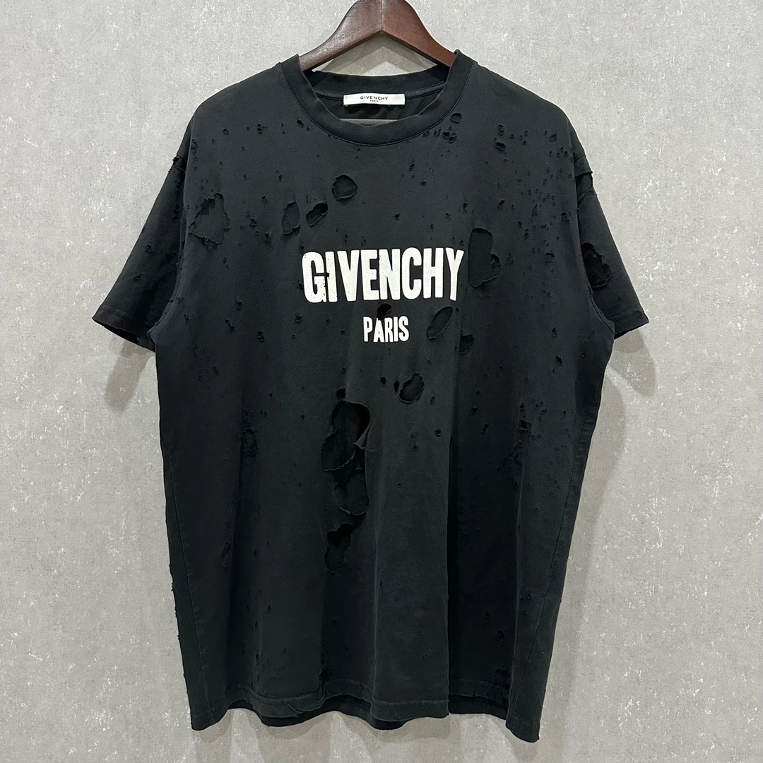 99新 Givenchy/纪梵希 短袖新款大小破洞破坏黑色蕾丝 004058