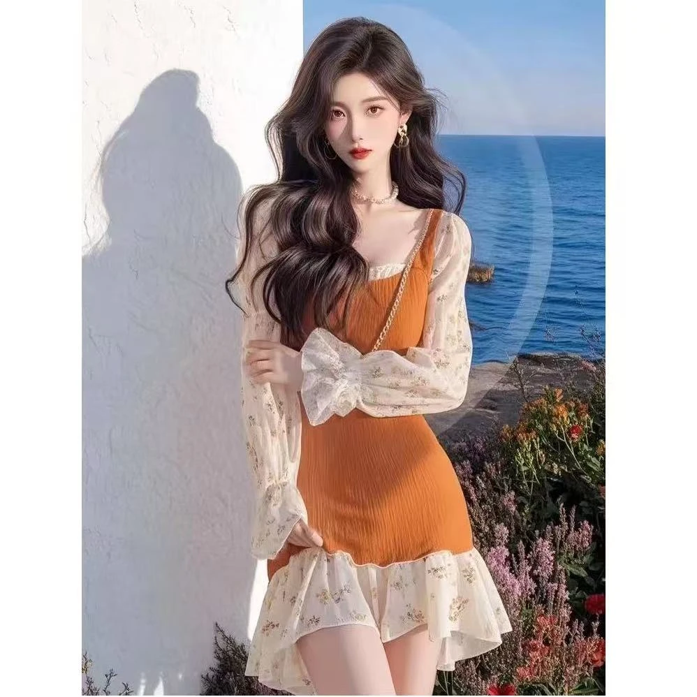 【甜星】2025春爆款法式掐腰千金高级气质减龄显瘦橙色假两件连衣裙