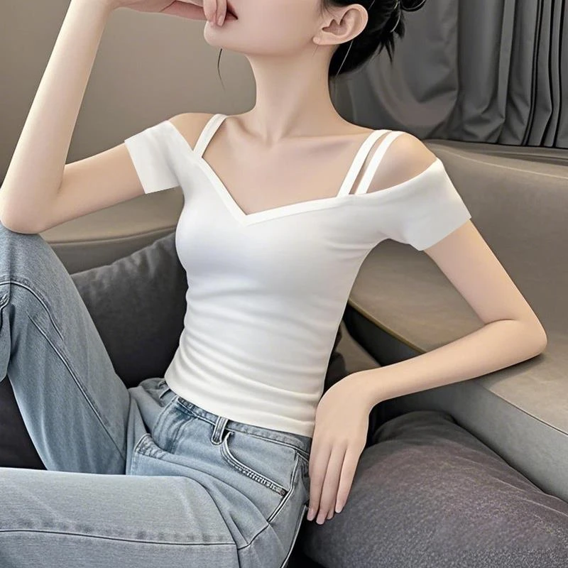 2025新款夏季设计感一字肩紧身露肩短袖T恤女白色外穿显瘦上衣潮