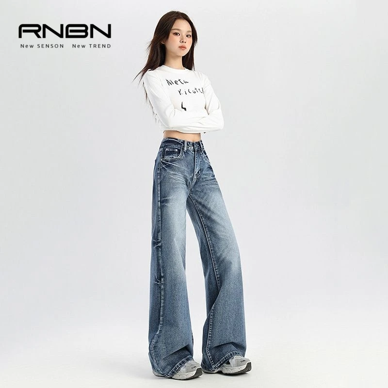 RNBN新款复古辣妹猫须水洗喇叭裤宽松高腰直筒显瘦百搭时尚牛仔裤