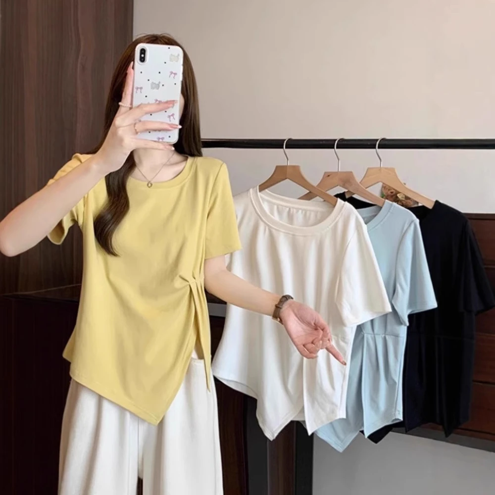 黄色正肩宽松百搭显瘦短袖女2025新款夏季设计感减龄休闲T恤上衣