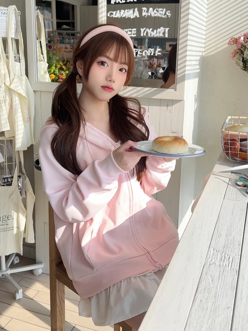 【现货+运费险】甜心Kitty”韩系kitty刺绣高克重版卫衣连帽开衫外套