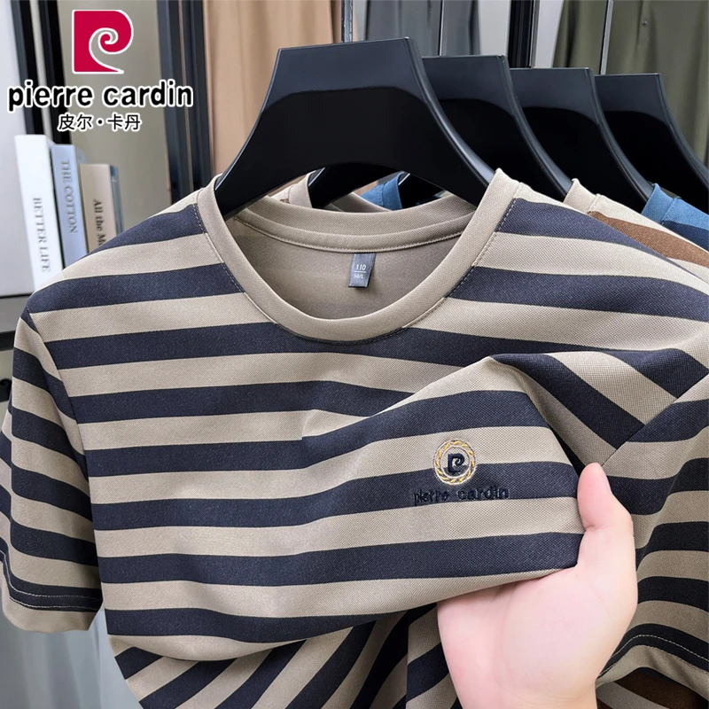 皮尔卡丹圆领短袖男士t恤夏季新款条纹上衣休闲免烫高档半袖体恤