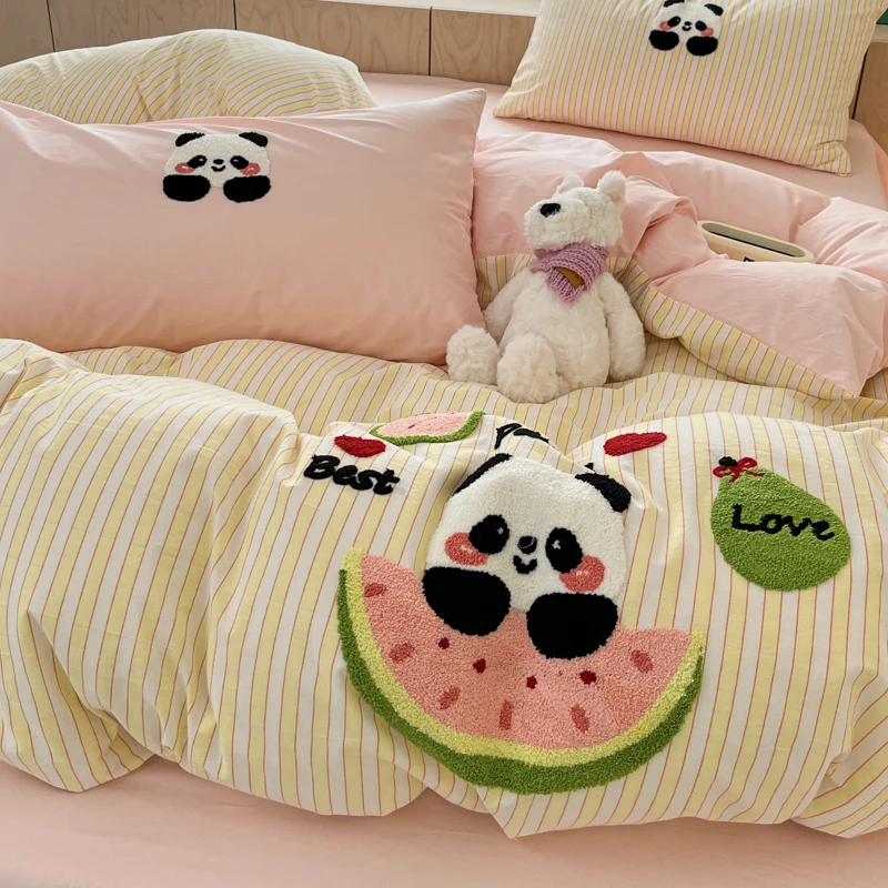 A类母婴级瓜目相看毛巾绣床上四件套全棉100%纯棉被套床单床笠1.8