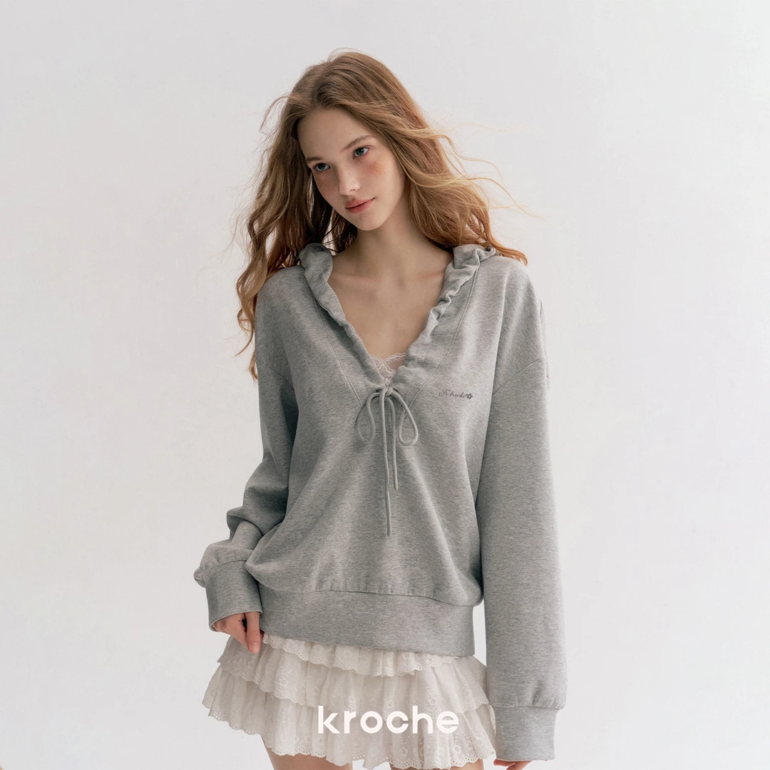 Kroche 25aw etcore 褶皱抽绳 棉感空气层宽松大V领连帽卫衣