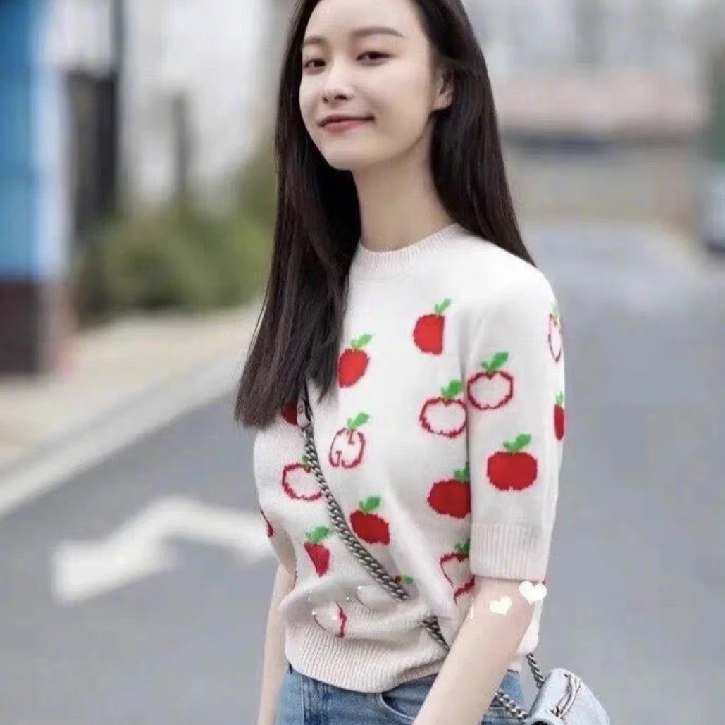 99新 GUCCI/古驰 苹果图案嵌花圆领短袖毛衣/S码/A03945