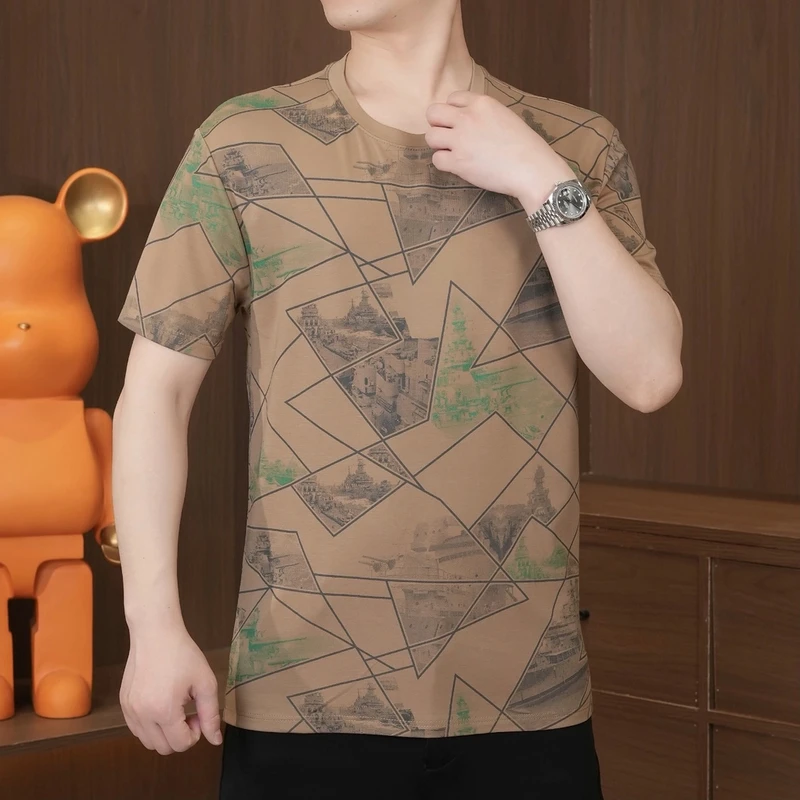 男士夏季休闲薄款圆领印花免烫T恤男装t恤潮流修身上衣高档大码