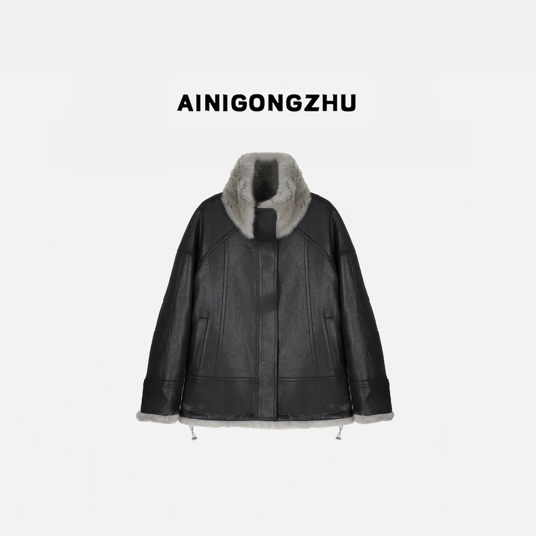 AINIGONGZHU/艾妮公主原创设计师款宽松兔毛两面穿短款外套T25930