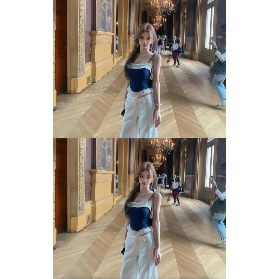 【少女香气】韩系甜辣穿搭2025夏季仿牛仔花边吊带上衣配休闲裤套装