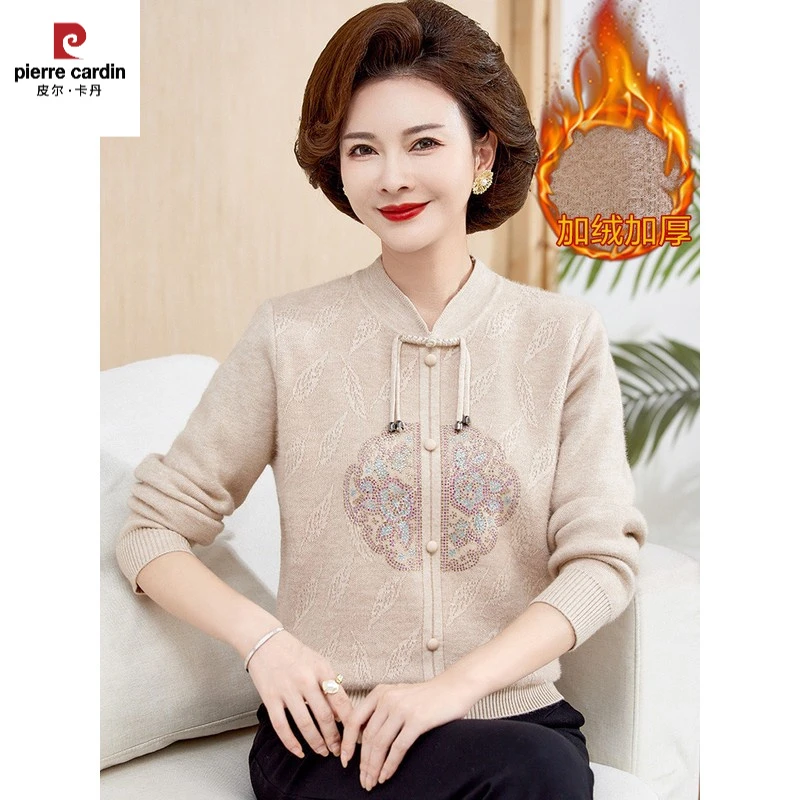 皮尔卡丹妈妈的冬季毛衣2025新款针织上衣中老年妇女秋冬天鹅绒加