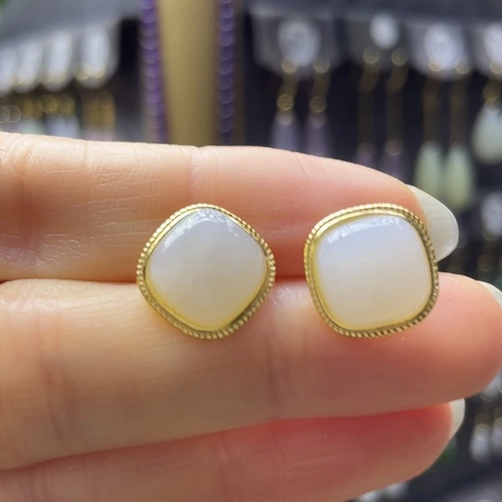 和田玉银S925镀金镶嵌耳饰