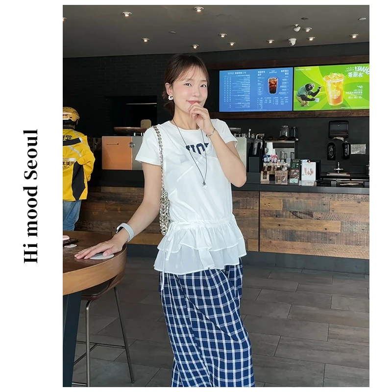 【金恩慧欧尼Hi mood】韩版v领拼接荷叶边腰部抽绳无袖上衣