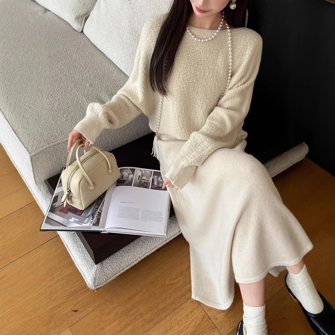 温柔风慵懒针织套装女秋季新款女装宽松长袖上衣a字半身裙两件套