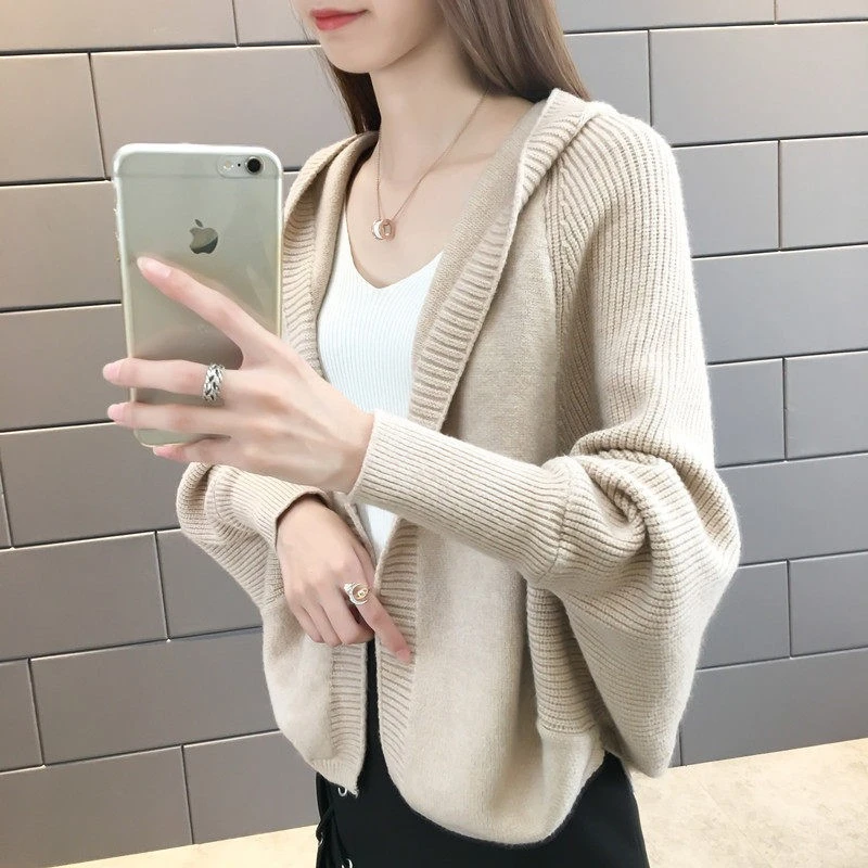 韩版潮外搭宽松秋装女连帽针织衫女开衫短款外套女毛衣