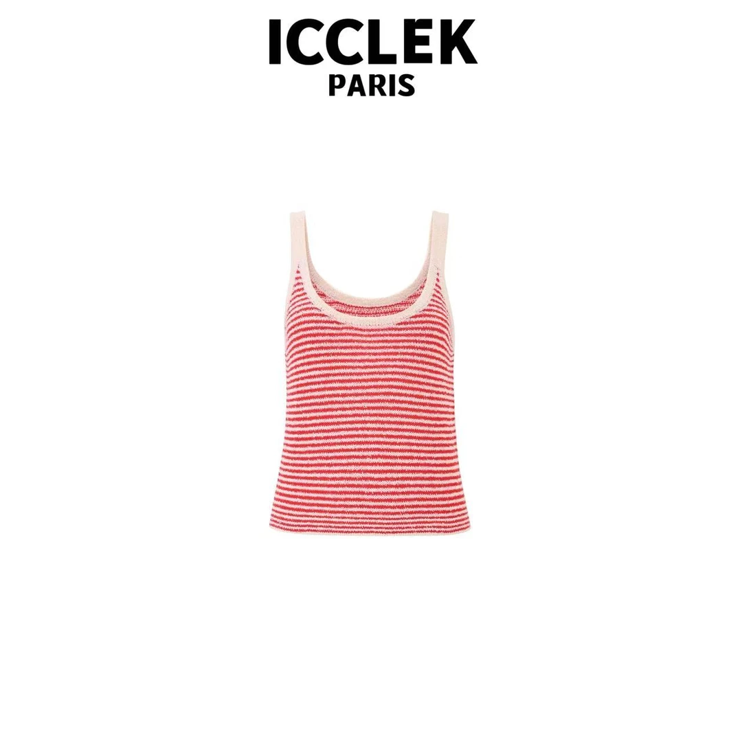ICCLEK 红色条纹无袖针织背心 夏季 休闲 百搭 -5318