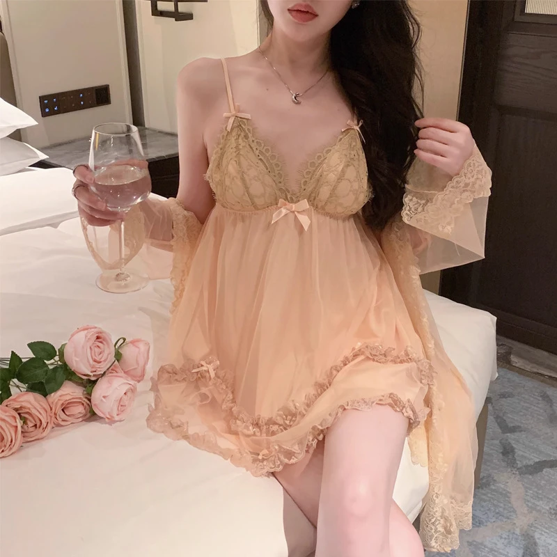 【LunaAmore】法式薄款蕾丝甜美蕾丝吊带睡裙套装纯欲风性感家居服