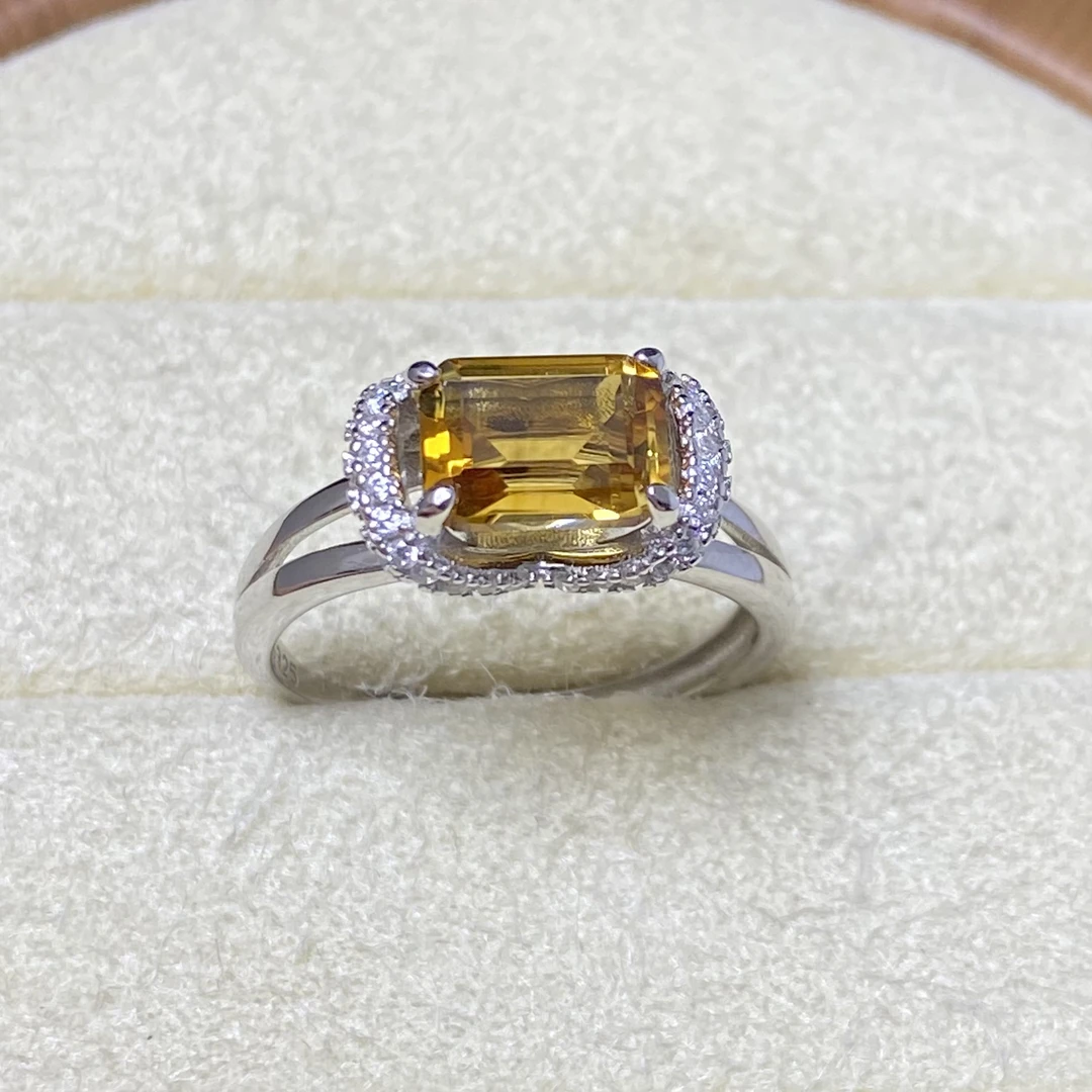 天然黄水晶戒指s925银方形6*8mm精致小众时尚百搭开口戒可调节