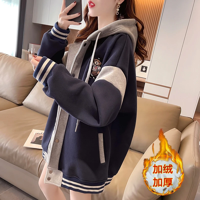 遮屁股外套女春秋冬中长新爆款初高中学生加绒棒球服洋气百搭上衣