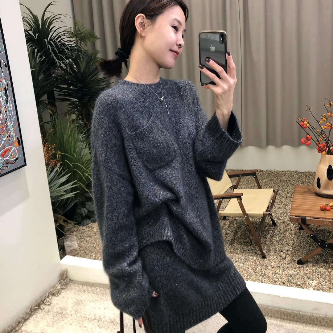 南油爆款‘’设计师款甜酷亮片丝花纱毛衣+时尚显瘦半身裙羊毛套装